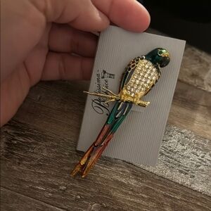 Vintage, colorful, rhinestone parrot, long tailed brooch